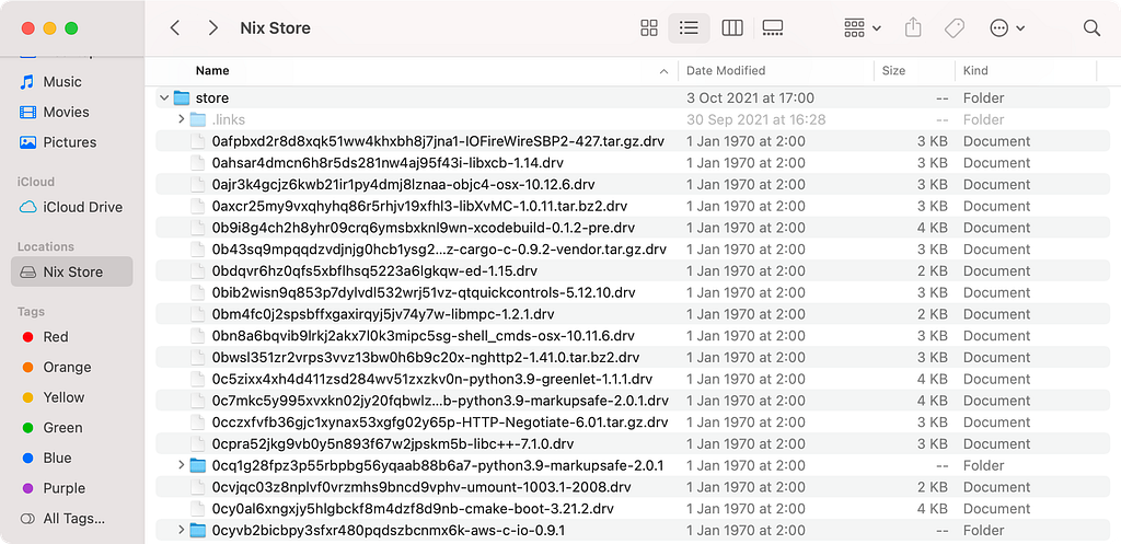 Nix Store Volume in Finder. For some reason, the Unix timestamp is at 0 (and I’ve given out my timezone).