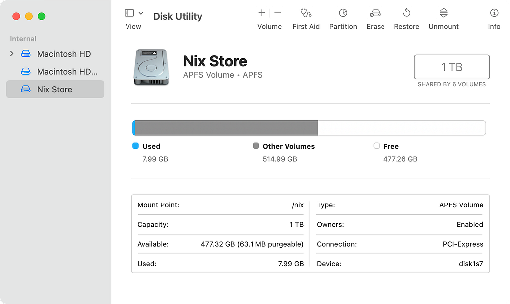 Nix Store APFS Volume in Disk Utility